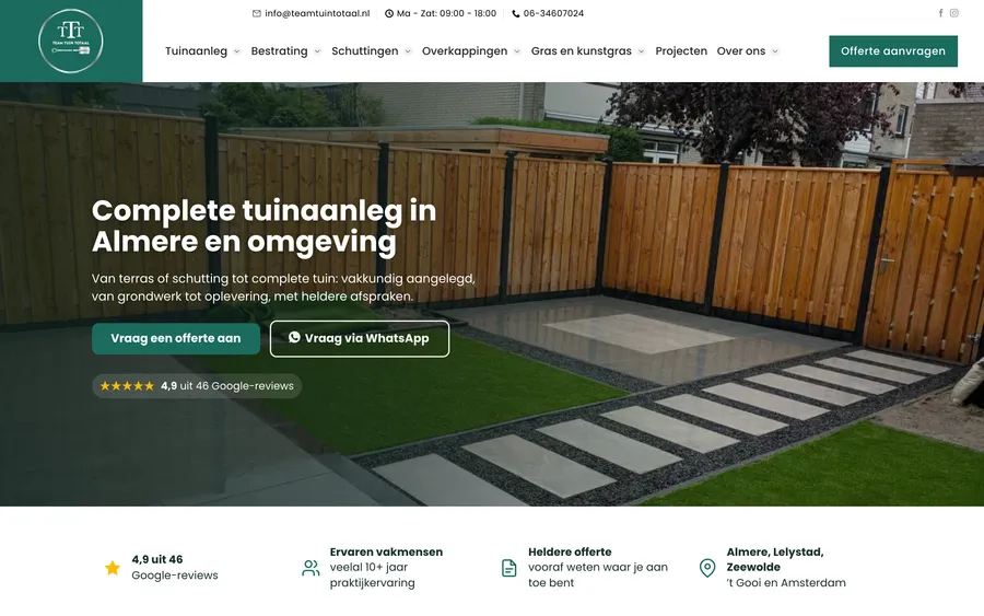Team Tuin Totaal: Marke, Website und lokale Sichtbarkeit für einen Garten-, Pflaster- und Zaunbetrieb in Almere.