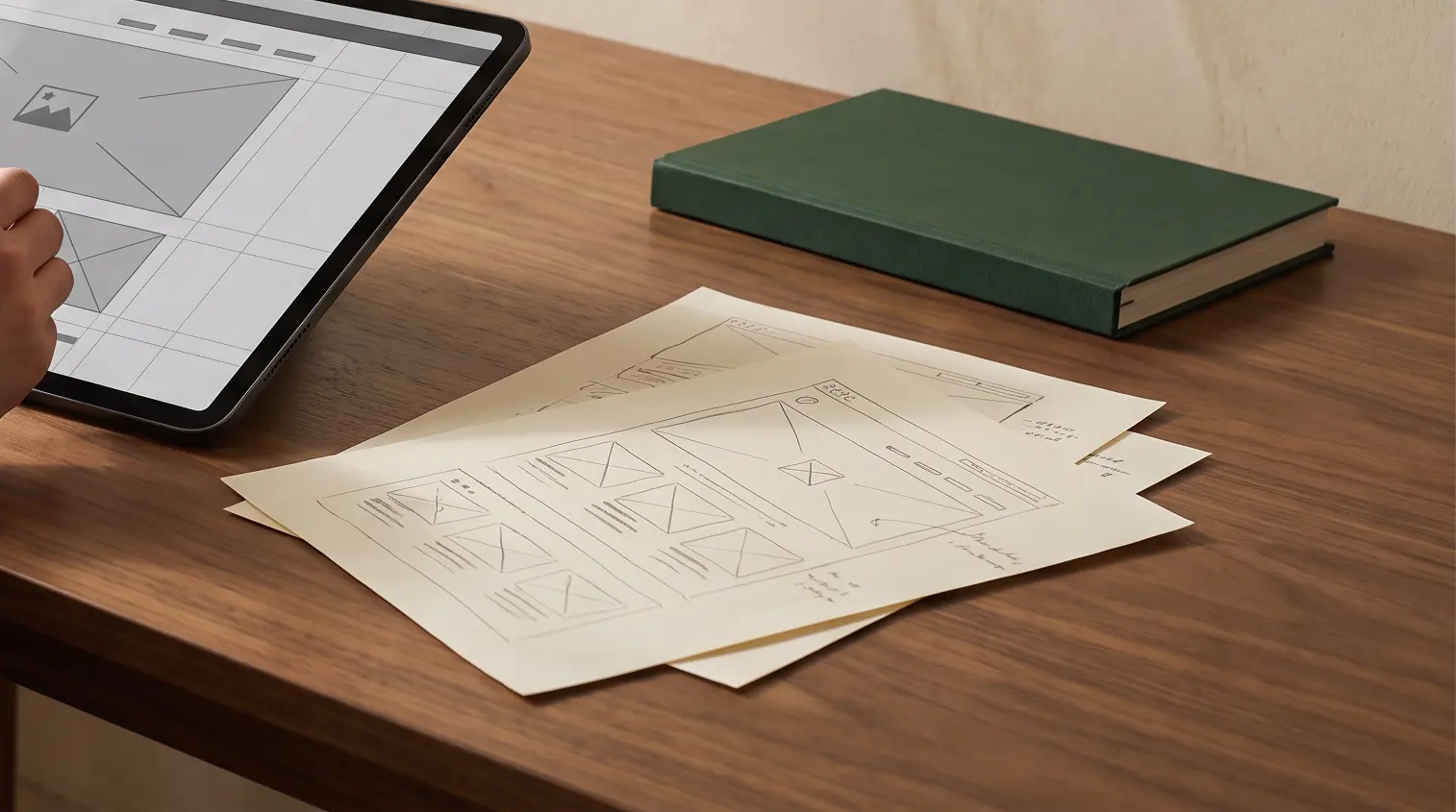 Printed shop drawings on a timber desk beside a green notebook
