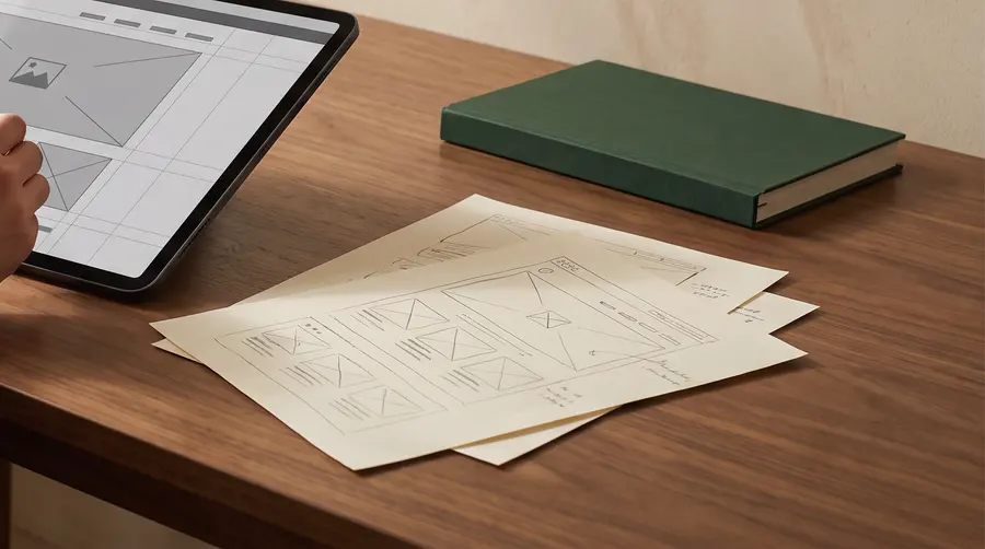 Printed drawings on a timber desk beside a green notebook