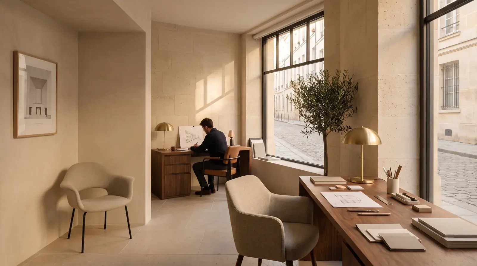 Lobby lounge in oak, linen and brass