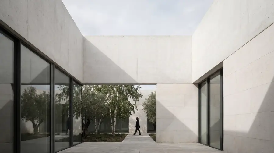 Courtyard with glass facades and young trees