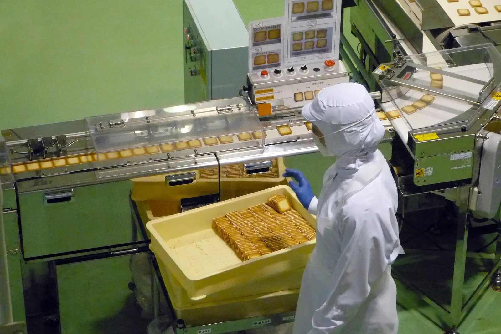 Operator in protective clothing at a bakery production line