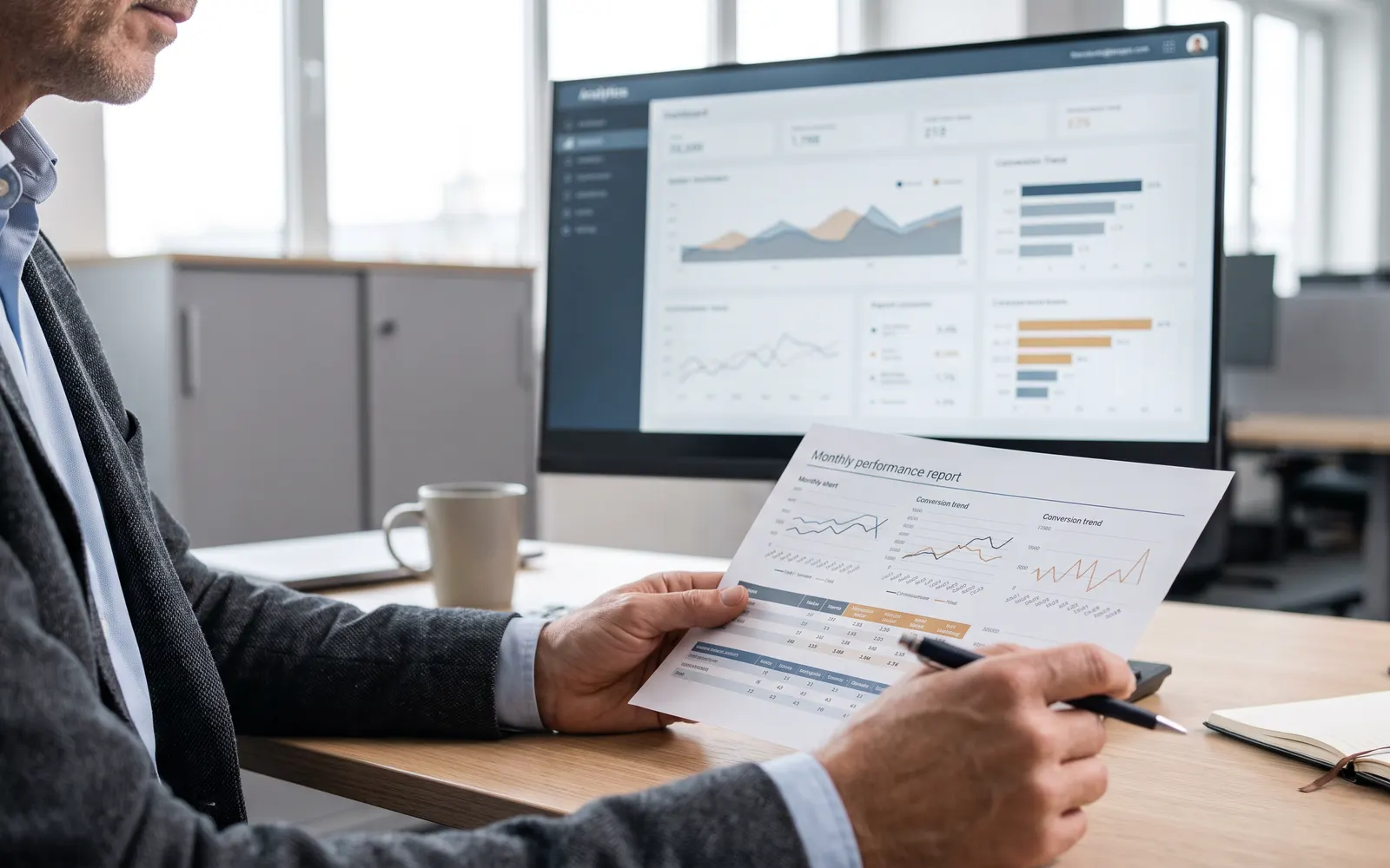 Person at a desk reviewing a printed performance report next to a dashboard on a monitor