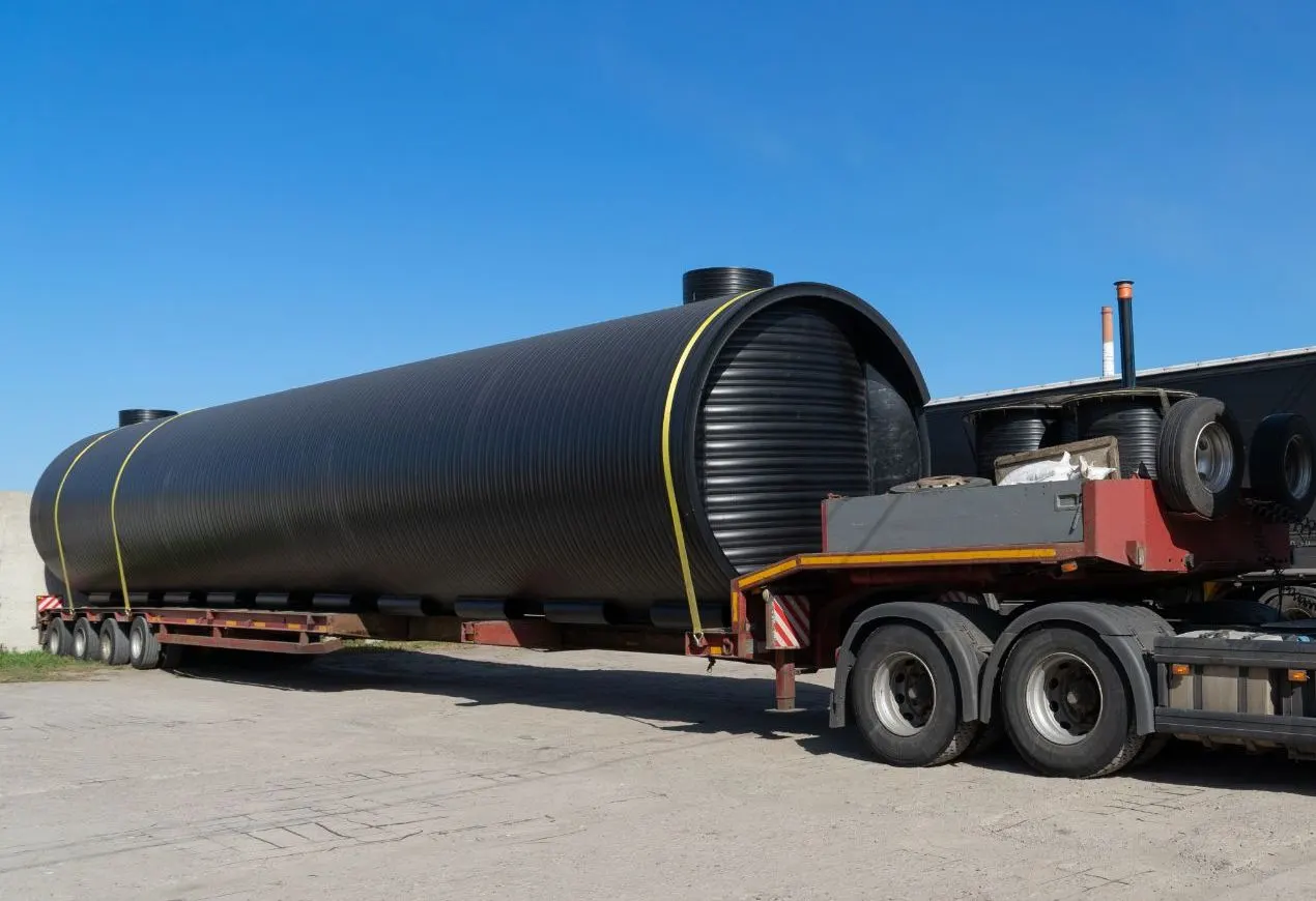Long cylindrical tank strapped on a low-loader trailer
